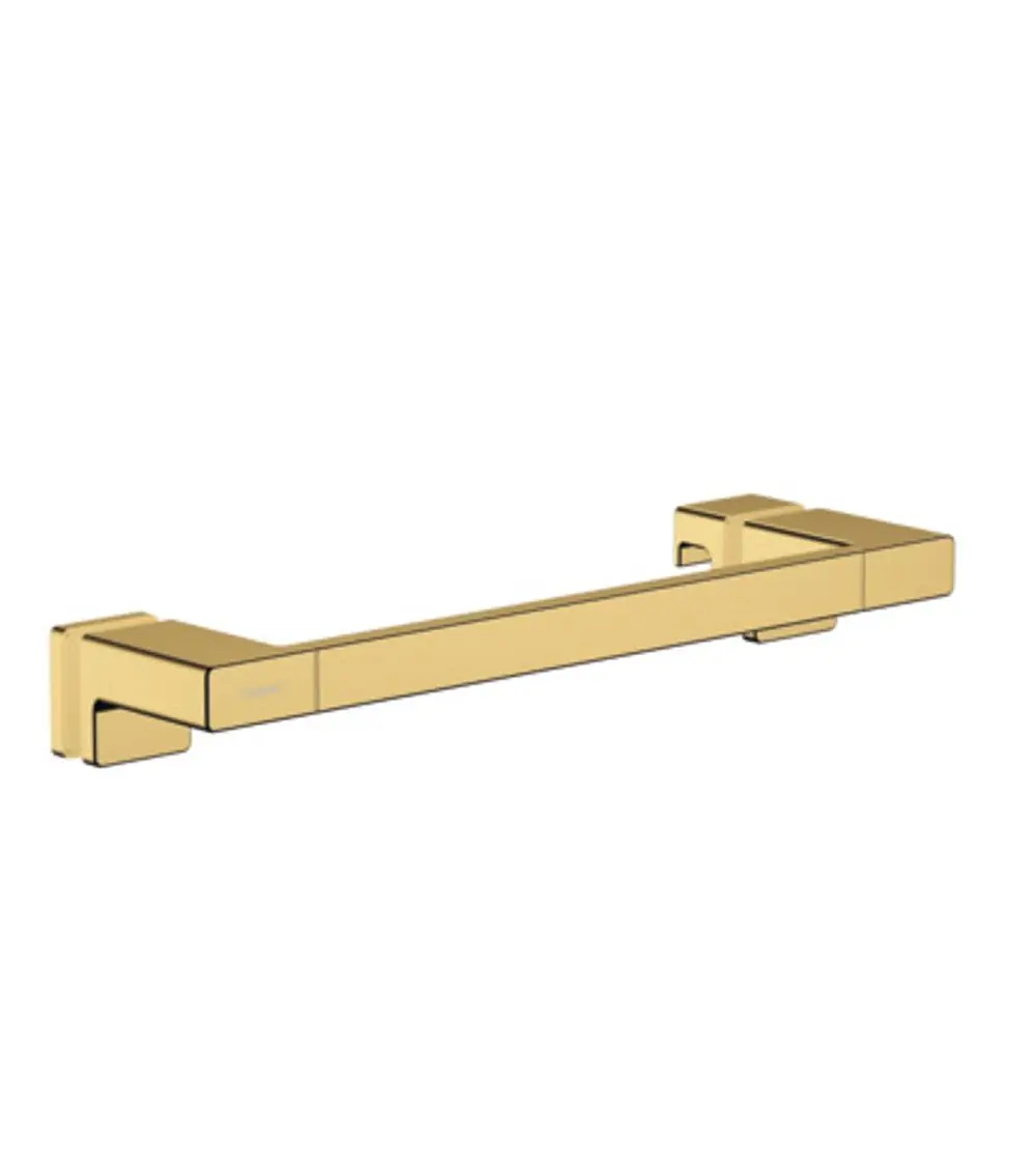 Hansgrohe Duschtürgriff in Polished Gold Optic, rechteckige Form mit klaren Linien, montiert an zwei Halterungen.